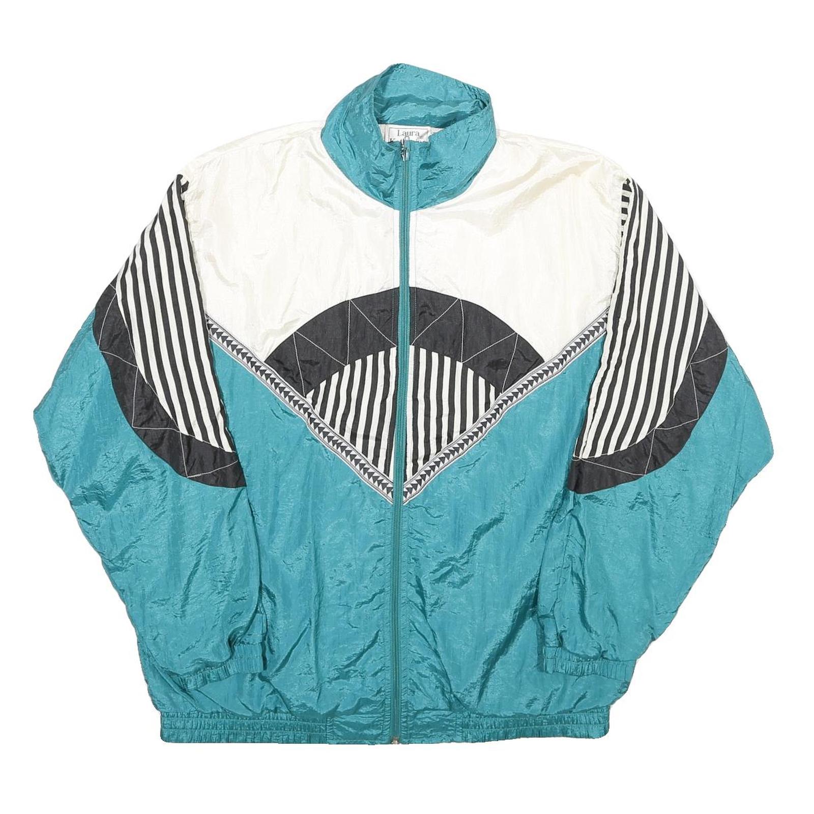 LAURA KATHERINE Womens Teal & White Black Stripe Nylon Zip Up Jacket S Retro Refurbished - N/A refurbished available on Cerqular