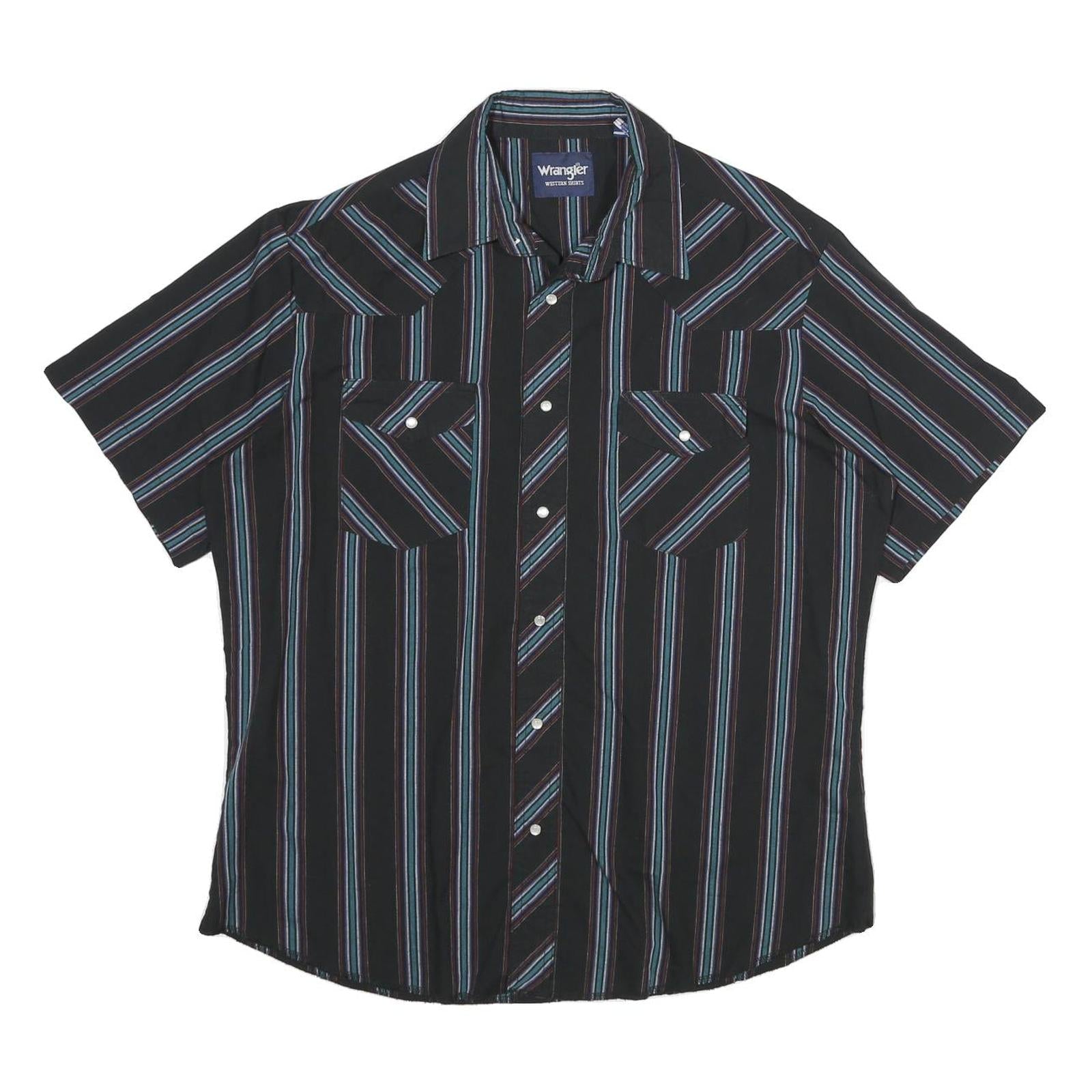 WRANGLER Mens Black & Blue Stripe Western Short Sleeve Shirt L Button Cotton Refurbished - N/A refurbished available on Cerqular