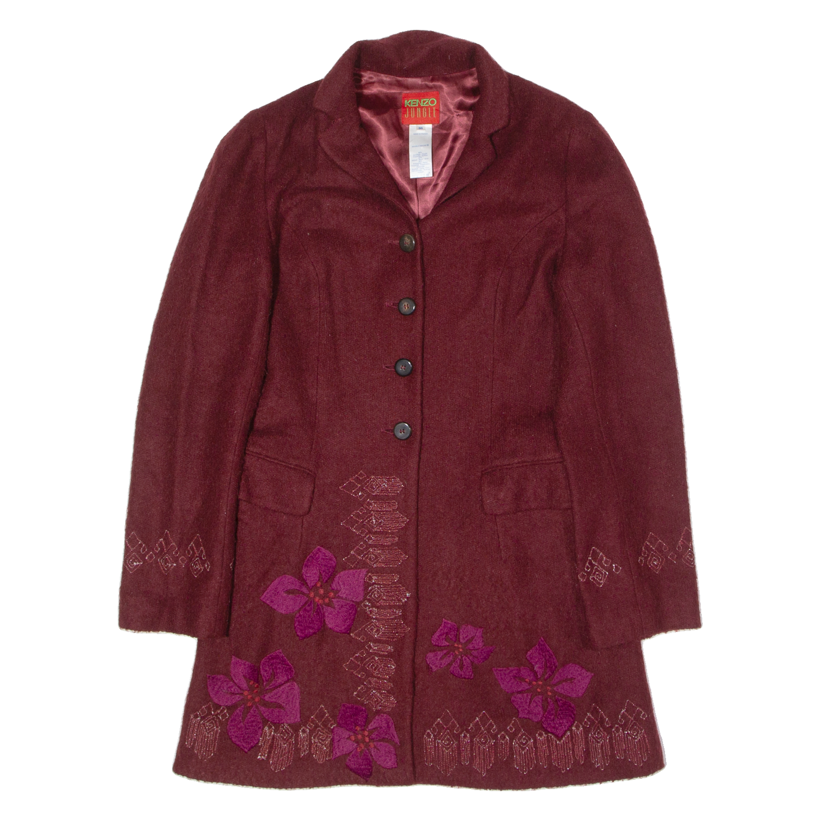KENZO Womens Overcoat Coat Maroon Wool Floral UK 8 Refurbished - N/A refurbished available on Cerqular