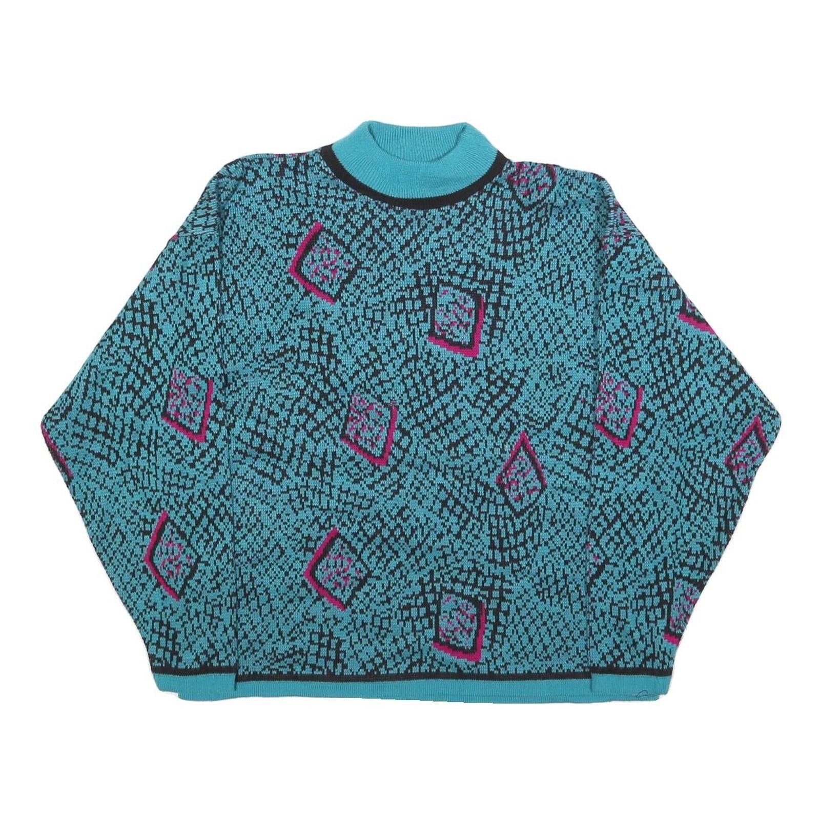 Womens Blue Black & Pink Patterned Plain Roll Neck Chunky Knit Jumper M Retro Refurbished - N/A refurbished available on Cerqular