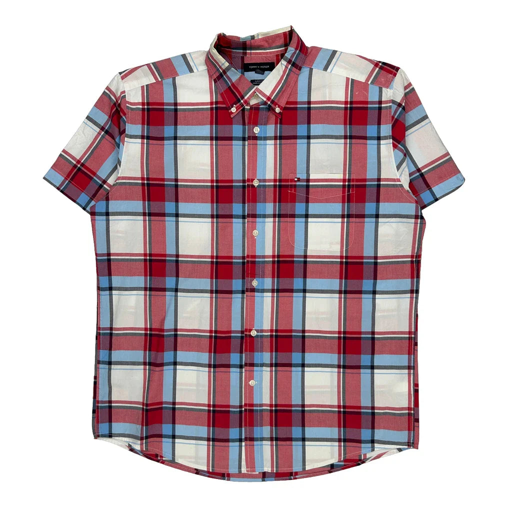 Tommy Hilfiger Checked Short Sleeve Shirt - XL Blue Cotton Refurbished - Thrifted (note: this is a term often used to describe second- refurbished available on Cerqular