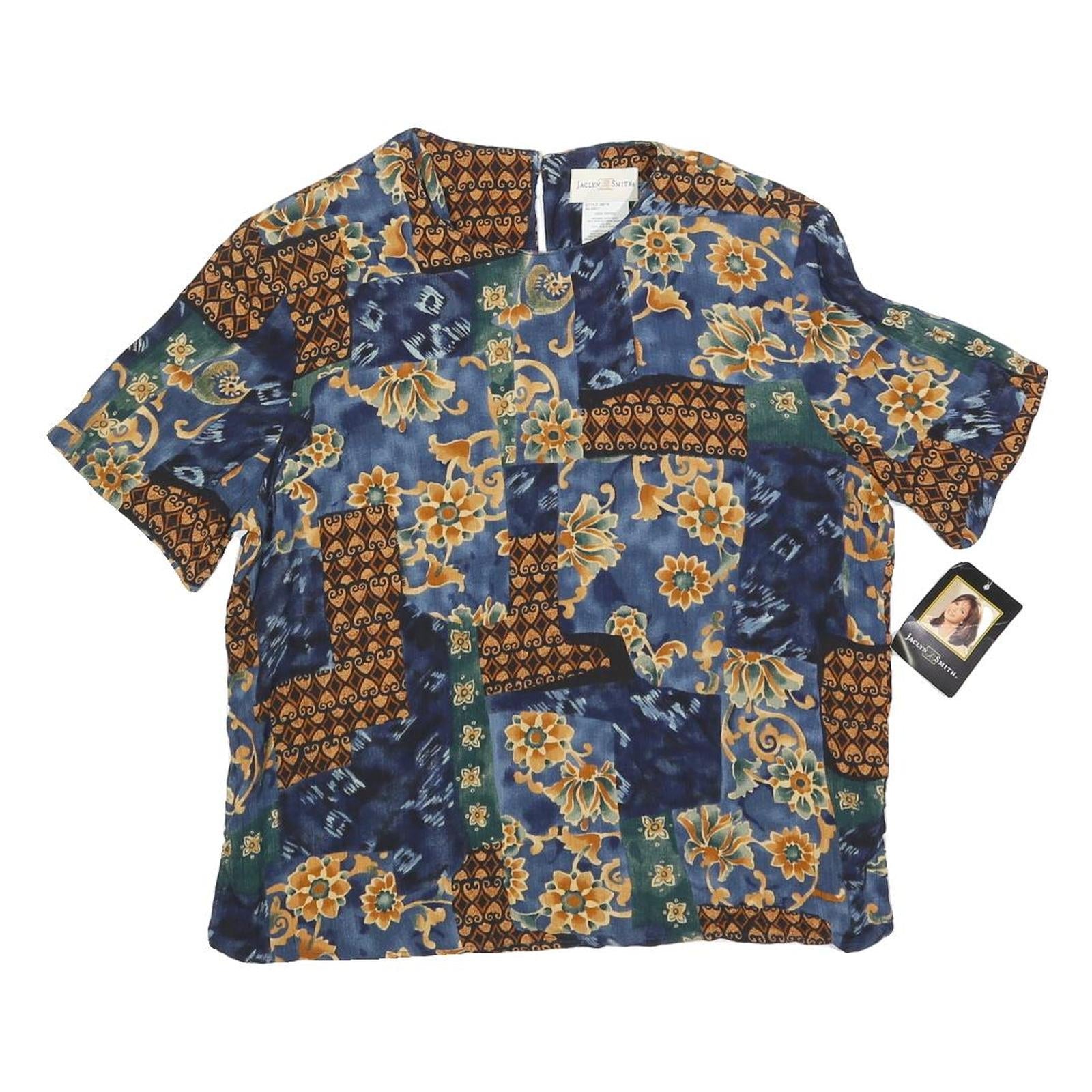 JACLYN SMITH Womens Blue Brown Floral Printed Short Sleeve Top S Cotton Blend Refurbished - N/A refurbished available on Cerqular