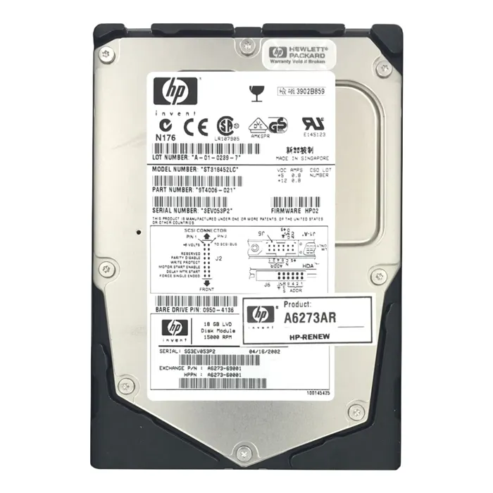 HP A6273-69001 | 18.2GB 15000RPM Ultra160 SCSI Hot Swappable LVD 80-Pin 3.5-Inch Hard Drive Refurbished - Hewlett-Packard (ou HP en abrégé) refurbished available on Gotodirect