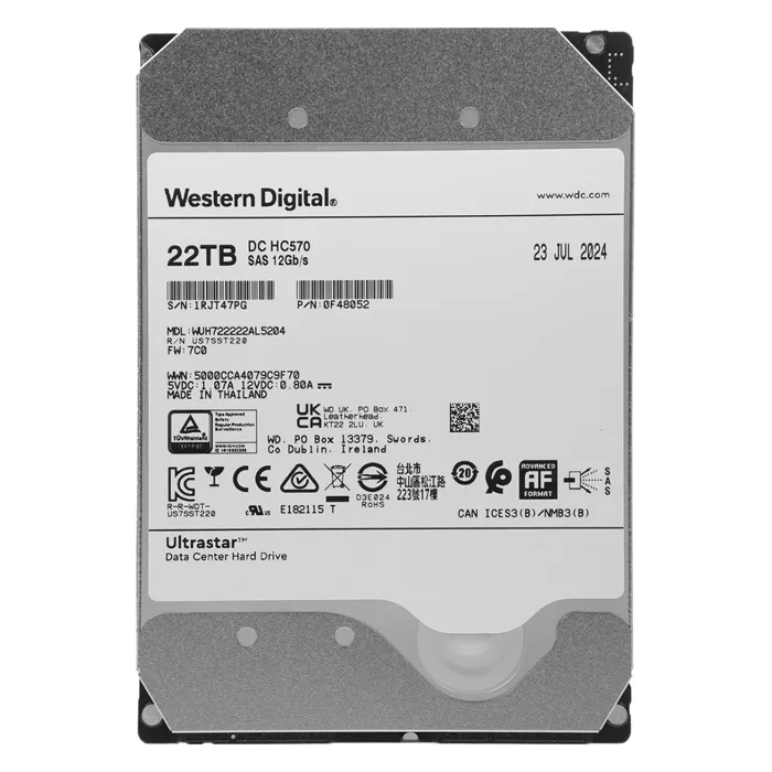 Western Digital 0F48052 | Ultrastar DC HC570 22TB 3.5-inch 12GB/s SAS 7200RPM 512MB Cache 512e/4Kn Base SE Data Center Hard Drive Refurbished - Western Digital refurbished available on Gotodirect