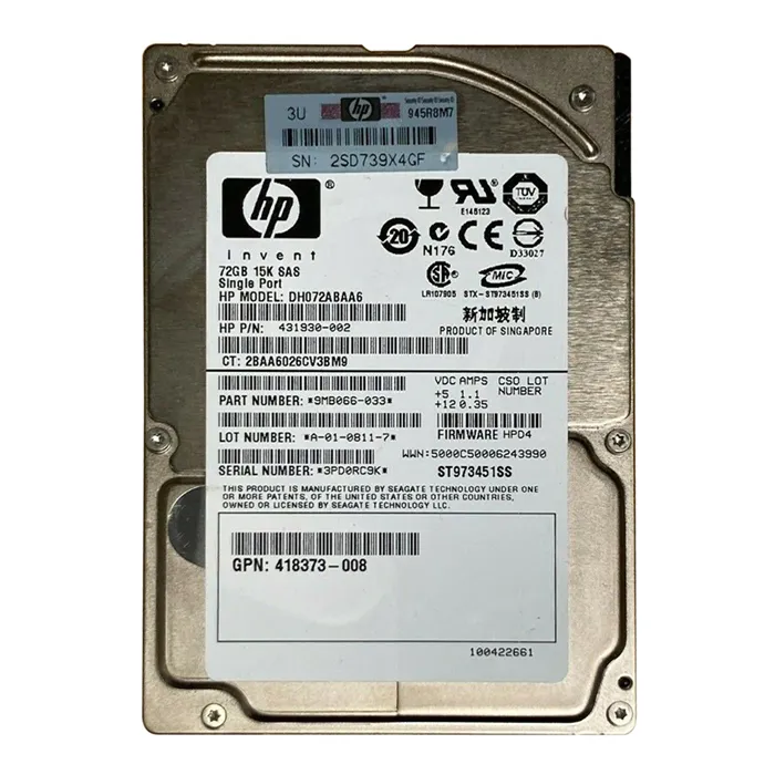 Buy HP 431930-002 | 72GB 15000RPM SAS 3Gb/s Hot Pluggable Single Port SFF 2.5-Inch Hard Drive for ProLiant DL785 Gen6 Refurbished - $114.87 HP 431930-002 | 72GB 15000RPM SAS 3Gb/s Hot Pluggable Single Port SFF 2.5-Inch Hard Drive for ProLiant DL785 Gen6 Refurbished - Hewlett-Packard (ou HP en abrégé) refurbished available on Gotodirect