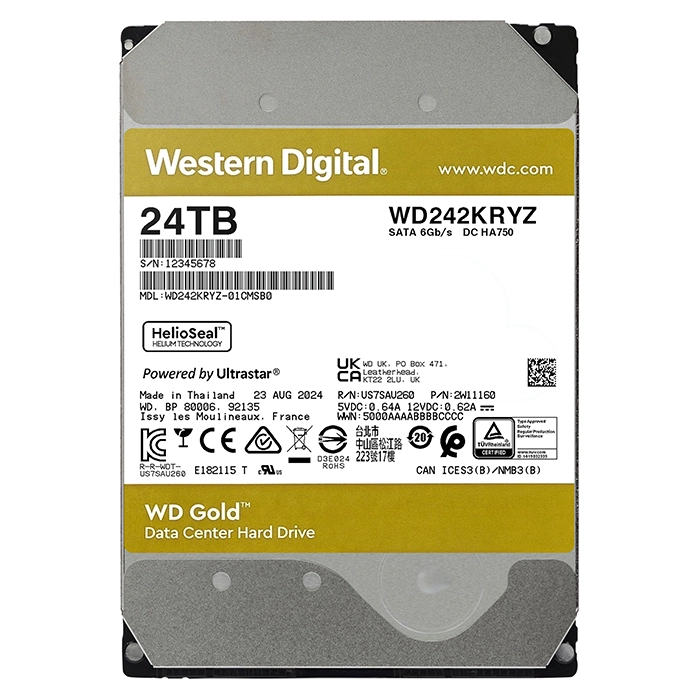 Western Digital WD242KRYZ | Gold Helium 24TB 3.5-inch 6GB/s SATA 7200RPM 512MB Cache 512e Enterprise Class Hard Drive Refurbished - Western Digital refurbished available on Gotodirect