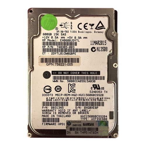 HP 759221-005 | 600GB 15000RPM SAS 12Gb/s Hot-Pluggable Dual Port SFF 2.5-inch Enterprise Hard Drive with Smart Carrier Refurbished - Hewlett-Packard (ou HP en abrégé) refurbished available on Gotodirect