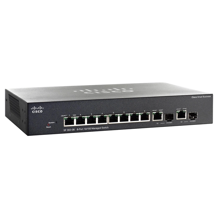 Cisco SF302-08 | Small Business 300 Series 8 x Ports 10/100Base-TX + 2 x Combo SFP (mini-GBIC) Layer 3 Managed 1U Rack-mountable Fast Ethernet Netwok Switch Refurbished - Cisco Systems Inc. refurbished available on Gotodirect