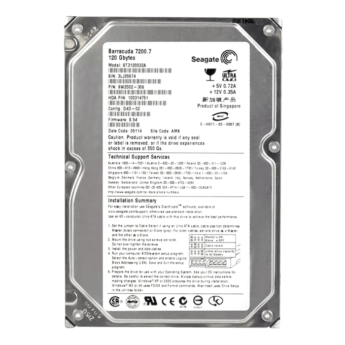 Seagate ST3120022A | BarraCuda 7200.7 Series 120GB 7200RPM IDE Ultra ATA/100 (ATA-6) 2MB Cache 3.5-Inch Hard Drive Refurbished - Seagate refurbished available on Gotodirect