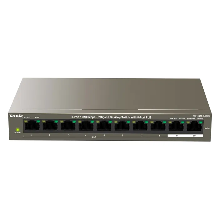 Tenda TEF1110P-8-102W | 8-Port 10/100Mbps+2 Gigabit Desktop Switch With 8-Port PoE Refurbished - Tenda refurbished available on Gotodirect