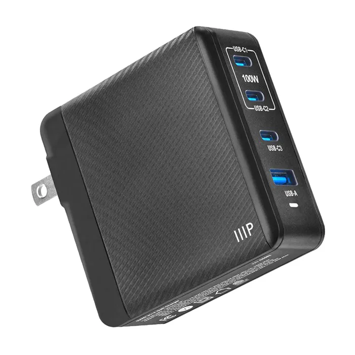 Monoprice 44682 | Compact 4‑Port 100W GaN Charger with 3 USB-C & 1 USB-A Ports: For Laptop Tablets and Phones Refurbished -  refurbished available on Gotodirect
