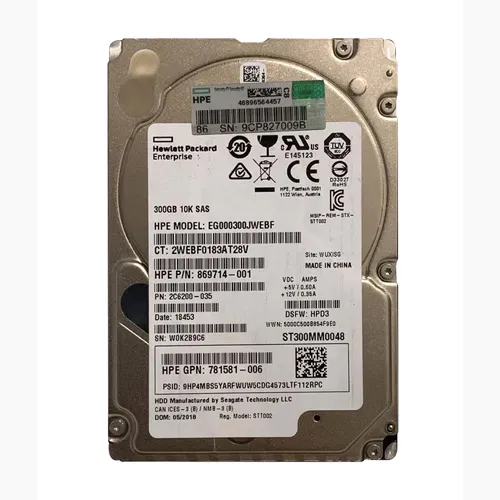 HP 869714-001 | 300GB 10000RPM SAS 6Gb/s SFF Hot-Pluggable Dual Port 2.5-inch Hard Drive for Gen8 to Gen9 ProLiant Server Refurbished - Hewlett-Packard (ou HP en abrégé) refurbished available on Gotodirect