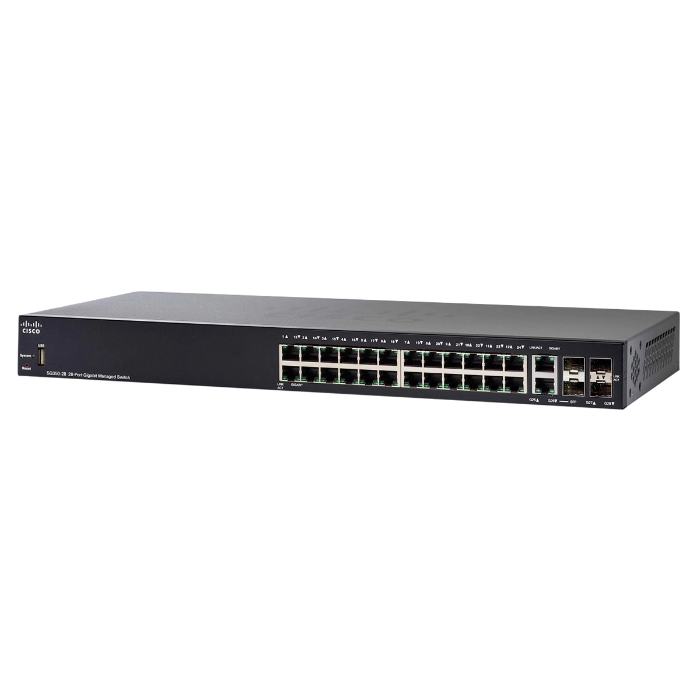 Cisco SG350-28-K9 | Small Business 350 Series SG350-28 24 x Ports 10/100/1000Base-T + 2 x Ports Copper Combo SFP + 2 x Ports SFP Rack-Mountable Layer 3 Managed Gigabit Ethernet Network Switch Refurbished - Cisco Systems Inc. refurbished available on Gotodirect