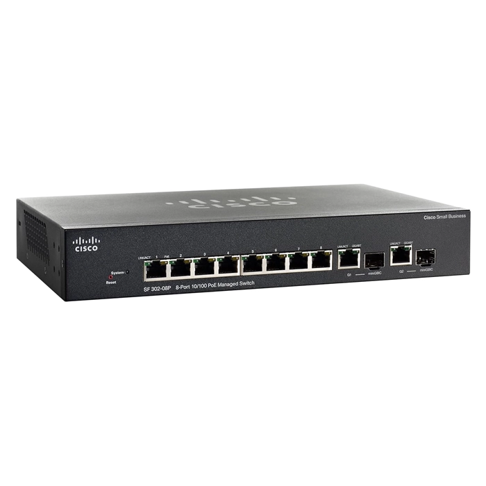 Cisco SF302-08P= | Small Business 300 Series 8 x Ports PoE 10/100Base-TX + 2 x Combo SFP (mini-GBIC) Ports Layer 3 Managed 1U Rack-mountable Fast Ethernet Netwok Switch Refurbished - Cisco Systems Inc. refurbished available on Gotodirect