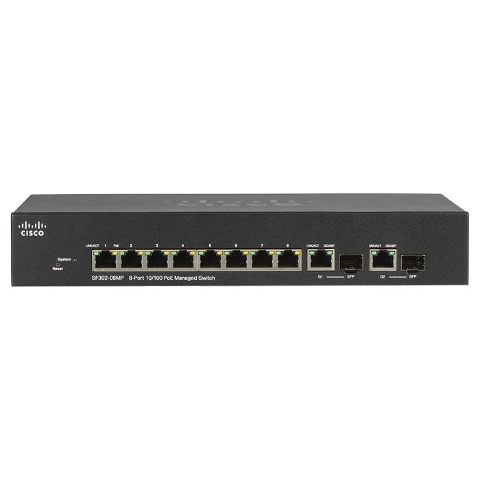 Cisco SF302-08MP | Small Business 300 Series 8 x Ports PoE 10/100Base-TX + 2 x Ports Combo SFP mini-GBIC Layer 3 Managed 1U Rack-Mountable Fast Ethernet Network Switch Refurbished - Cisco Systems Inc. refurbished available on Gotodirect