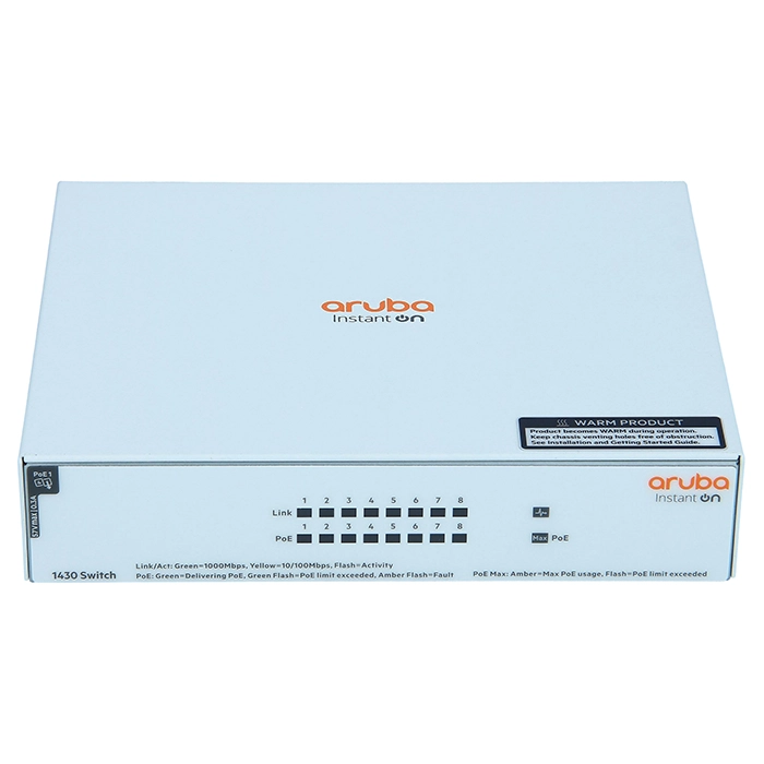 HP R8R46A#ABA | Aruba Instant On 1430 8G Class4 PoE 8 x 10/100/1000 PoE Rack-Mountable Layer 2 Unmanaged Gigabit Ethernet Network Switch Refurbished - Hewlett-Packard (ou HP en abrégé) refurbished available on Gotodirect