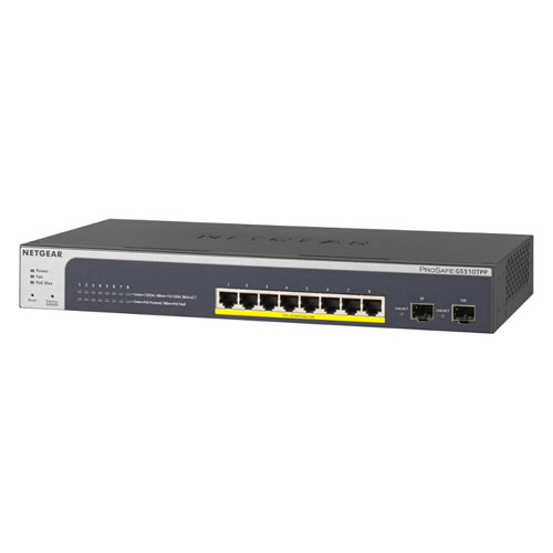 Netgear GS510TPP-100NAS | Prosafe GS510TPP 8 x RJ-45 Ports PoE+ 10/100/1000Base-T + 2 x SFP Ports Mananged Gigabit Ethernet Network Switch Refurbished - Netgear refurbished available on Gotodirect