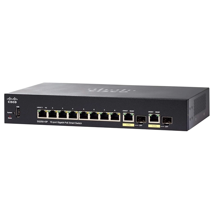 Cisco SG250-10P-K9 | SG250-10P RJ-45 PoE+ 8 x Port 10/100/1000Base-T PoE 2 x SFP Layer 2 Managed Gigabit Ethernet Smart Switch Refurbished - Cisco Systems Inc. refurbished available on Gotodirect