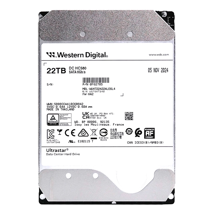 Western Digital 0F62785 | Ultrastar DC HC580 22TB 3.5-inch 6GB/s SATA 7200RPM 512MB Cache 512e/4Kn Base SE Data Center Hard Drive Refurbished - Western Digital refurbished available on Gotodirect
