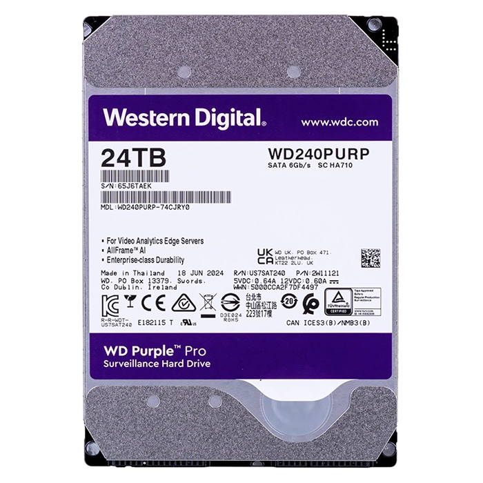 Western Digital WD240PURP | Purple Pro Helium 24TB 3.5-inch 6GB/s SATA 7200RPM 512MB Cache Surveillance Hard Drive Refurbished - Western Digital refurbished available on Gotodirect