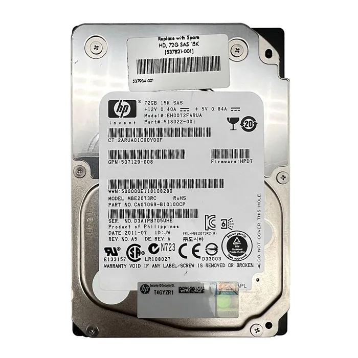 HP 537821-001 | 72GB 15000RPM SAS 6Gb/s Hot-Pluggable Dual Port SFF 2.5-Inch Enterprise Hard Drive for Gen1/7 ProLiant Server/Storage Array Refurbished - Hewlett-Packard (ou HP en abrégé) refurbished available on Gotodirect