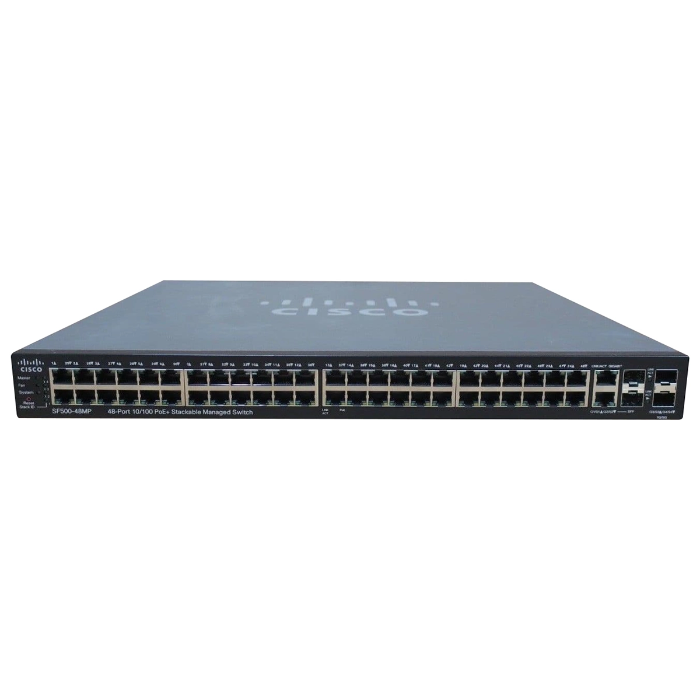 Cisco SF500-48MP-K9-NA | Small Business 500 Series 48 x RJ-45 Ports PoE 10/100Base-TX + 2 x Combo Gigabit SFP Ports + 2 x SFP Ports Layer 3 Managed Rack-mountable Stackable Fast Ethernet Network Switch Refurbished - Cisco Systems Inc. refurbished available on Gotodirect
