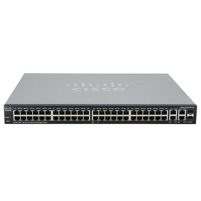 Cisco SF300-48P | Small Business 300 Series 48 x Ports PoE 10/100Base-TX + 2 x GE RJ-45 Ports + 2 x Combo SFP (mini-GBIC) Ports Layer 3 Managed 1U Rack-mountable Fast Ethernet Netwok Switch Refurbished - Cisco Systems Inc. refurbished available on Gotodirect
