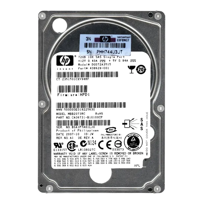 HP 438628-001 | 72GB 10000RPM SAS 3Gb/s Hot-Pluggable Single Port SFF 2.5-inch Enterprise Hard Drive for Gen1/7 ProLiant Server/Storage Array Refurbished - Hewlett-Packard (ou HP en abrégé) refurbished available on Gotodirect