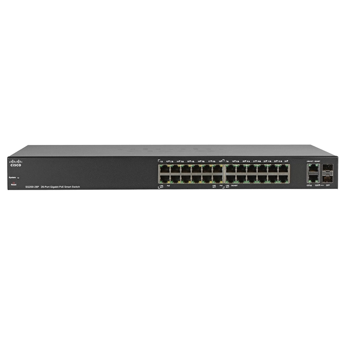 Cisco SG200-26P | Small Business 200 Series 24 x Ports 10/100/1000Base-T (12 x Ports PoE) + 2 x Ports Combo SFP (mini-GIBIC) Layer 2 1U Rack-Mountable Gigabit Ethernet Smart Network Switch Refurbished - Cisco Systems Inc. refurbished available on Gotodirect