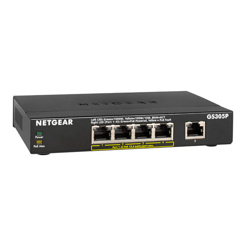 Netgear GS305P-200NAS | GS305P 4 x Ports PoE+ 10/100/1000Base-T + 1 x Port 1000Base-T Layer 2 Unmanaged Desktop Gigabit Ethernet Network Switch Refurbished - Netgear refurbished available on Gotodirect