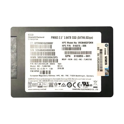 HP VK3840GFDKN | 3.84TB SATA 6Gb/s Hot-Pluggable Read Intensive 2.5-Inch Enterprise Solid State Drive for ProLiant Server and Storage Array Refurbished - Hewlett-Packard (ou HP en abrégé) refurbished available on Gotodirect