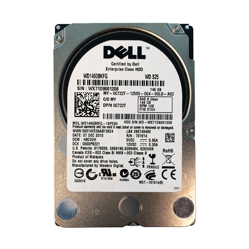 Dell 0C722T | 146GB 10000RPM SAS 6Gb/s Hot-Pluggable Single Port (512n) 2.5-Inch Hard Drive for PowerEdge Server Refurbished - Dell refurbished available on Gotodirect