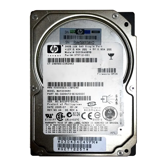 HP 375712-001 | 36GB 10000RPM SAS 3Gb/s Hot-Pluggable Single Port SFF 2.5-inch Enterprise Hard Drive for Gen1/7 ProLiant Server Refurbished - Hewlett-Packard (ou HP en abrégé) refurbished available on Gotodirect