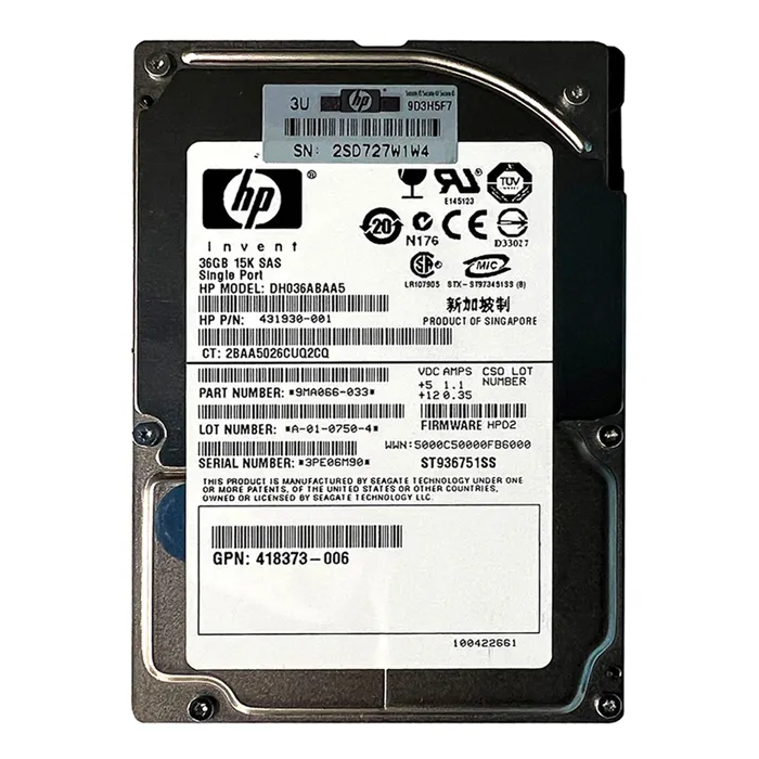HP 431930-001 | 36GB 15000RPM SAS 3Gb/s Hot-Pluggable Single Port SFF 2.5-inch Enterprise Hard Drive for Gen1/7 ProLiant Server Refurbished - Hewlett-Packard (ou HP en abrégé) refurbished available on Gotodirect
