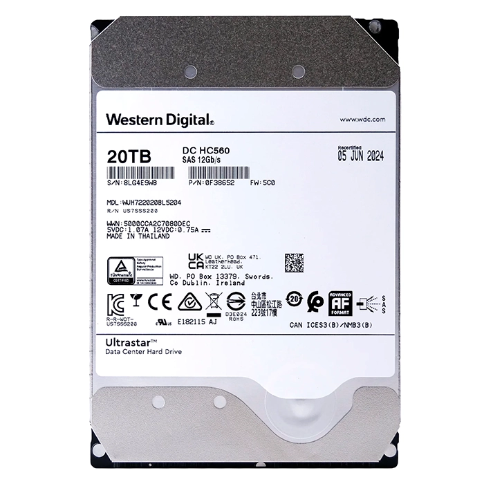 Western Digital 0F38652 | Ultrastar DC HC560 20TB 3.5-inch 12GB/s SAS 7200RPM 512MB Cache 512e/4Kn SE Data Center Hard Drive Refurbished - Western Digital refurbished available on Gotodirect