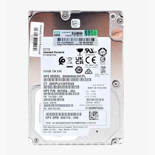 HP 867254-002 | 600GB 15000RPM SAS 12GB/s Hot-Pluggable SFF 2.5-Inch Hard Drive for ProLiant Gen10/Gen10+/Gen11 Servers Refurbished - Hewlett-Packard (ou HP en abrégé) refurbished available on Gotodirect