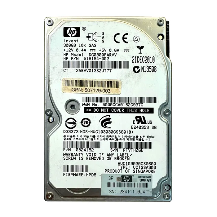 HP 507129-003 | 300GB 10000RPM SAS 6Gb/s SFF Hot-Pluggable Dual Port 2.5-inch Hard Drive for Gen1 to Gen7 ProLiant Servers Refurbished - Hewlett-Packard (ou HP en abrégé) refurbished available on Gotodirect