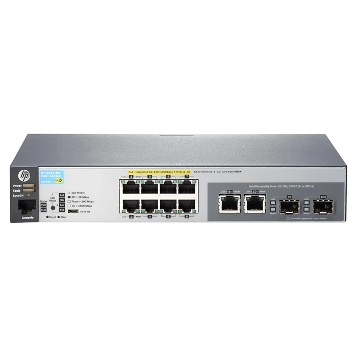 HP J9774A | Aruba 2530 Series 2530-8G-PoE+ 8 x RJ-45 PoE+ 10/100/1000Base-T and 2 x Combo Gigabit SFP Ports Layer 2 Managed Gigabit Ethernet Network Switch Refurbished - Hewlett-Packard (ou HP en abrégé) refurbished available on Gotodirect