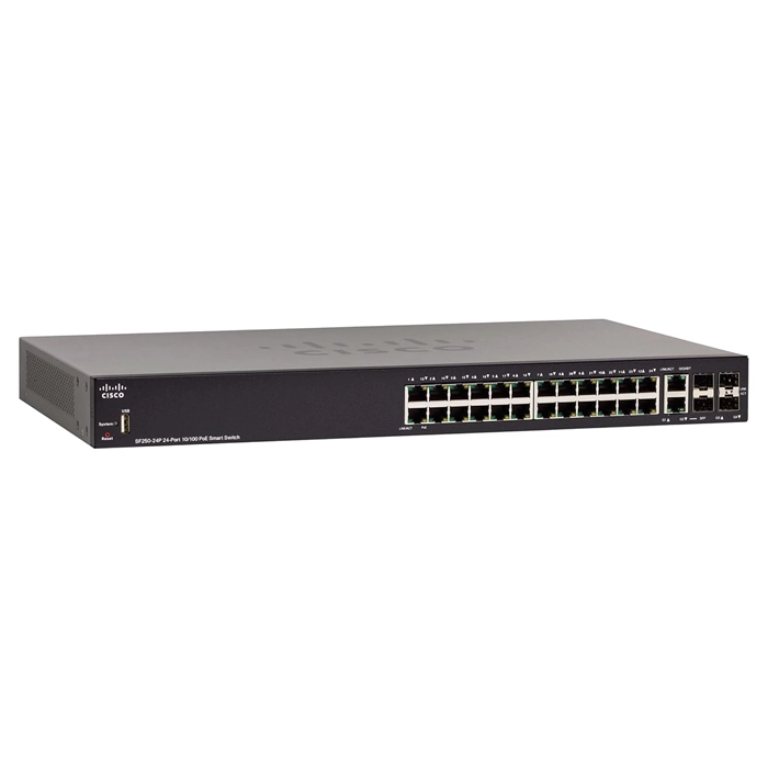 Cisco SF250-24P-K9-RF | Small Business 250 Series SF250-24P 24 x RJ-45 Ports PoE+ 10/100Base-TX + 2 x Combo Gigabit SFP Ports + 2 x SFP Ports Layer 2 Managed 1U Rack-mountable Fast Ethernet Network Switch Refurbished - Cisco Systems Inc. refurbished available on Gotodirect