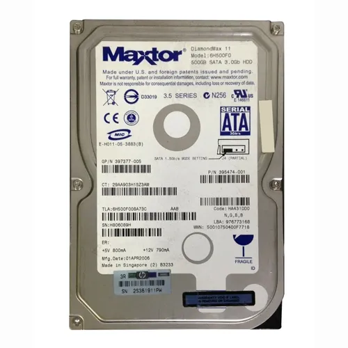 HP 395474-001 | 500GB 7200RPM SATA 1.5Gb/s 16MB Cache LFF Hot-Pluggable 3.5-inch Hard Drive for Gen1 to Gen7 ProLiant Server Refurbished - Hewlett-Packard (ou HP en abrégé) refurbished available on Gotodirect