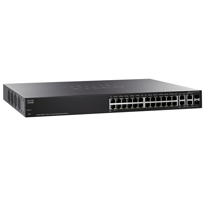 Cisco SF300-24MP-K9-NA | Small Business 300 Series SF300-24 24 x RJ-45 Ports PoE+ 10/100Base-TX + 2 x GE RJ-45 Ports + 2 x combo Gigabit SFP mini-GBIC Ports Layer 3 Managed Rack-mountable Fast Ethernet Network Switch Refurbished - Cisco Systems Inc. refurbished available on Gotodirect