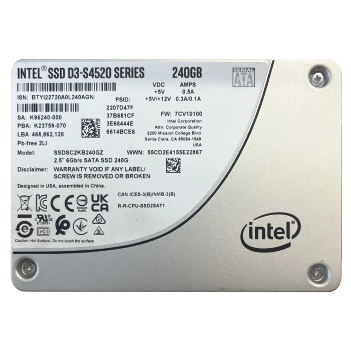 Intel SSDSC2KB240GZ | D3-S4520 Series 240GB SATA 6GB/s 3D NAND TLC (AES-256 / PLP) 2.5-inch Solid State Drive (SSD) Refurbished - Intel refurbished available on Gotodirect
