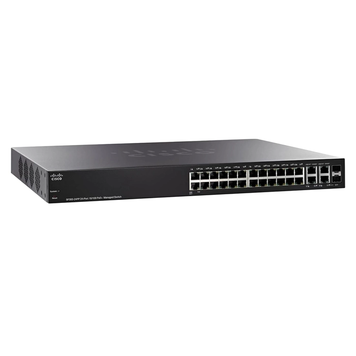 Cisco SF300-24PP-K9-NA | Small Business 300 Series SF300-24 24 x RJ-45 Ports PoE 10/100Base-TX + 2 x GE RJ-45 Ports + 2 x combo Gigabit SFP mini-GBIC Ports Layer 3 Managed Rack-mountable Fast Ethernet Network Switch Refurbished - Cisco Systems Inc. refurbished available on Gotodirect