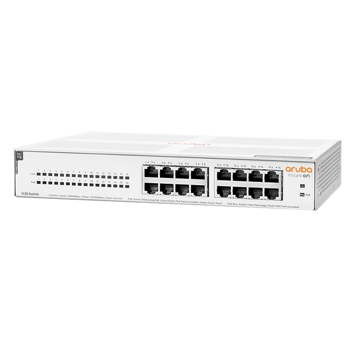 HP R8R48A#ABA | Aruba Instant On 1430 16G Class4 PoE 16 x 10/100/1000 PoE Rack-Mountable Layer 2 Unmanaged Gigabit Ethernet Network Switch Refurbished - Hewlett-Packard (ou HP en abrégé) refurbished available on Gotodirect