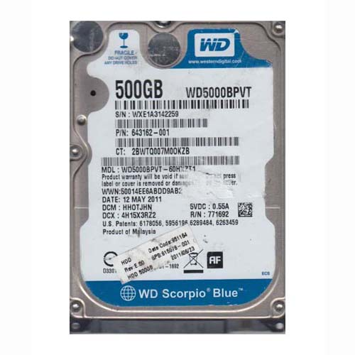 HP 643162-001 | 500GB 5400RPM SATA 3Gb/s 8MB Cache 2.5-inch Hard Drive Refurbished - Hewlett-Packard (ou HP en abrégé) refurbished available on Gotodirect