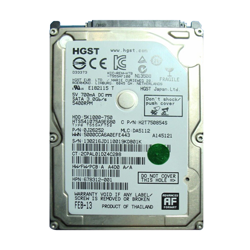 HP 678312-001 | 750GB 5400RPM SATA 3Gb/s 8MB Cache 2.5-inch Hard Drive Refurbished - Hewlett-Packard (ou HP en abrégé) refurbished available on Gotodirect