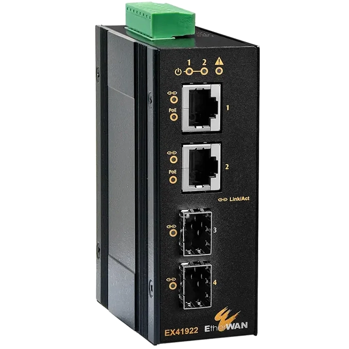 Etherwan EX41922-T | 2-Ports Gigabit Ethernet PoE and 2-Ports Gigabit Ethernet SFP Hardened Unmanaged Ethernet Switch Refurbished -  refurbished available on Gotodirect