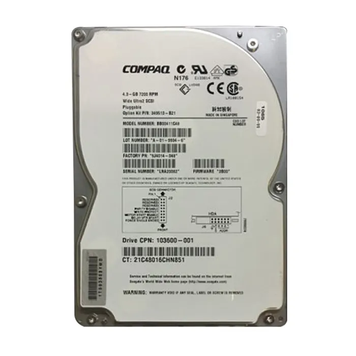 HP 103600-001 | 4.3GB 7200RPM Ultra-2 Wide SCSI Hot-Pluggable (LVD) 512KB Cache 80-Pin 3.5-Inch Hard Drive Refurbished - Hewlett-Packard (ou HP en abrégé) refurbished available on Gotodirect