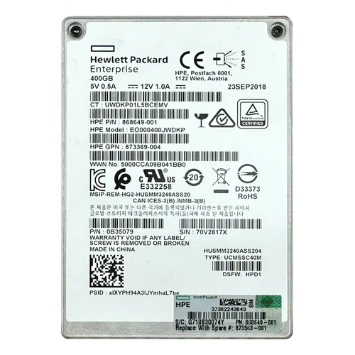 HP 868649-001 | 400GB Multi-Level Cell SAS 12Gb/s Hot Pluggable Write Intensive SFF 2.5-Inch Solid State Drive for ProLiant Servers and Storage Arrays Refurbished - Hewlett-Packard (ou HP en abrégé) refurbished available on Gotodirect