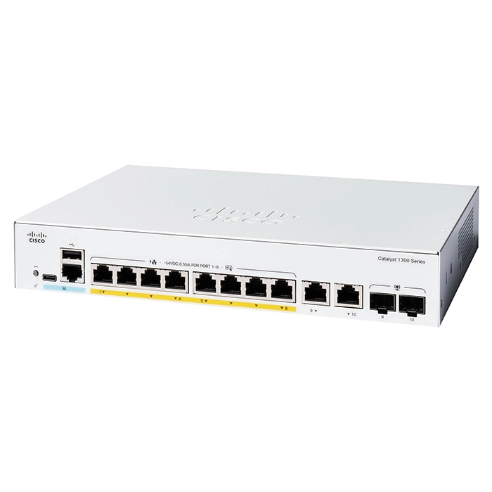 Cisco C1300-8P-E-2G-RF | Catalyst 1300 Series 1300-8P-E-2G 8 x 10/100/1000Base-T RJ-45 PoE+ and 2 x 1G RJ-45/SFP Dual Pupose Uplink Ports Layer 3 Managed Gigabit Ethernet Switch Refurbished - Cisco Systems Inc. refurbished available on Gotodirect